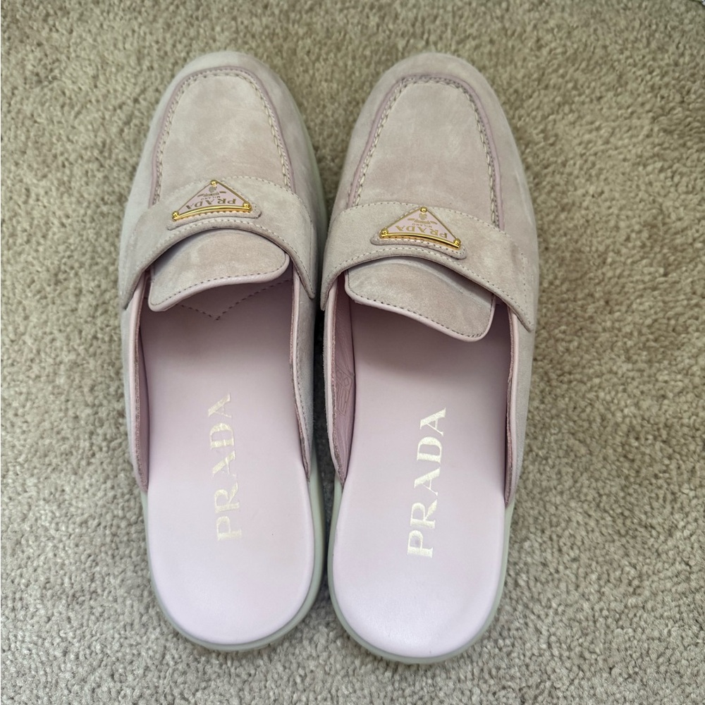 Prada Women's Light Pink Suede Slip-On Loafer Mules - Picture 6 of 6